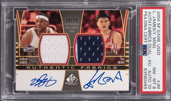 2004/05 Upper Deck SP Game Used "Authentic Fabrics" #AAF2JM LeBron James/Yao Ming Dual-Signed Patch Card (#18/50) - PSA NM-MT 8, PSA/DNA 10
